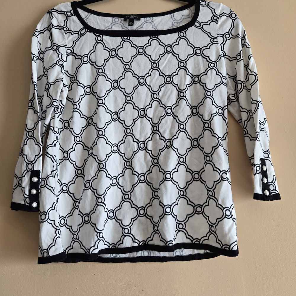Talbots Black and White Geometric Long Sleeve Top